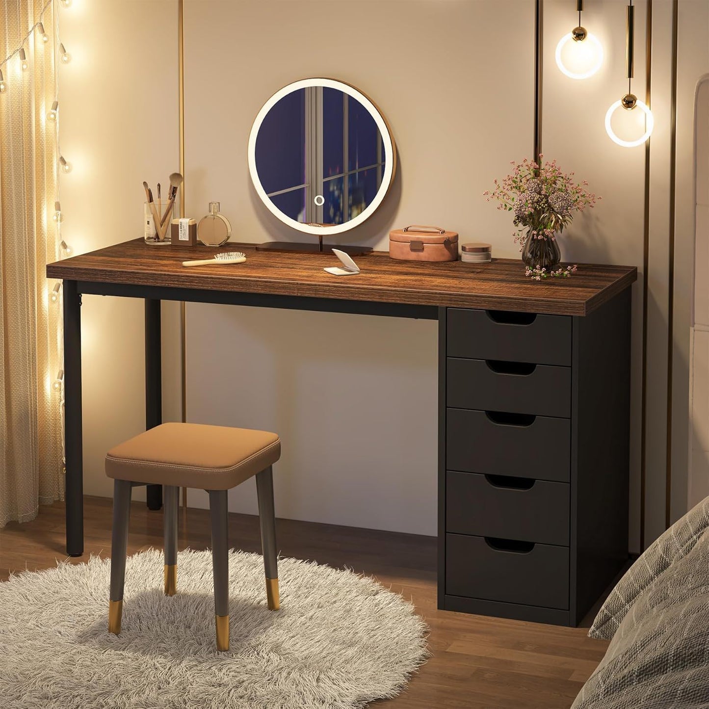 Computer Desk With 5 Drawers, Reversible Cabinet Design