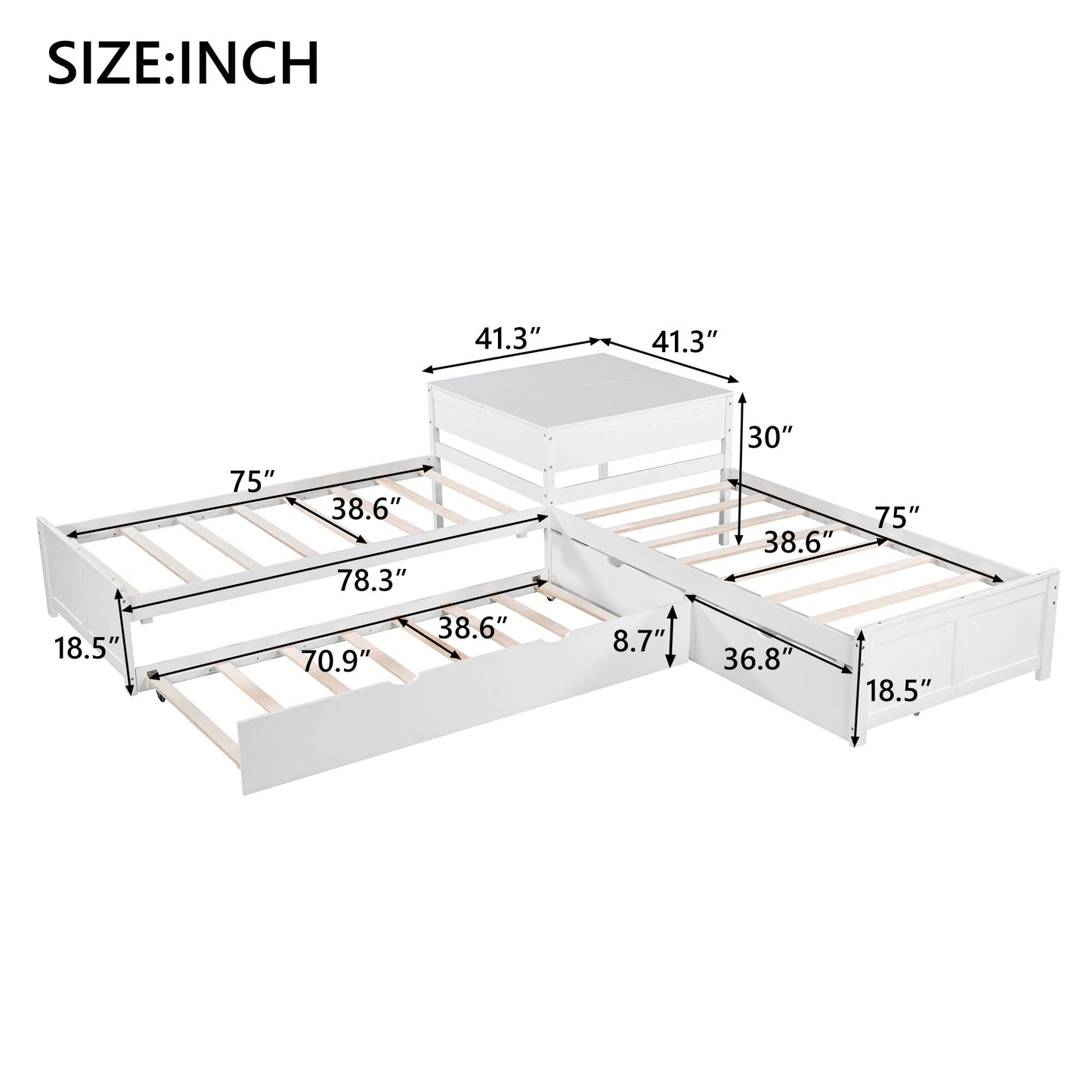L Shaped Platform Bed With Trundle And Drawers Linked With Built In Desk