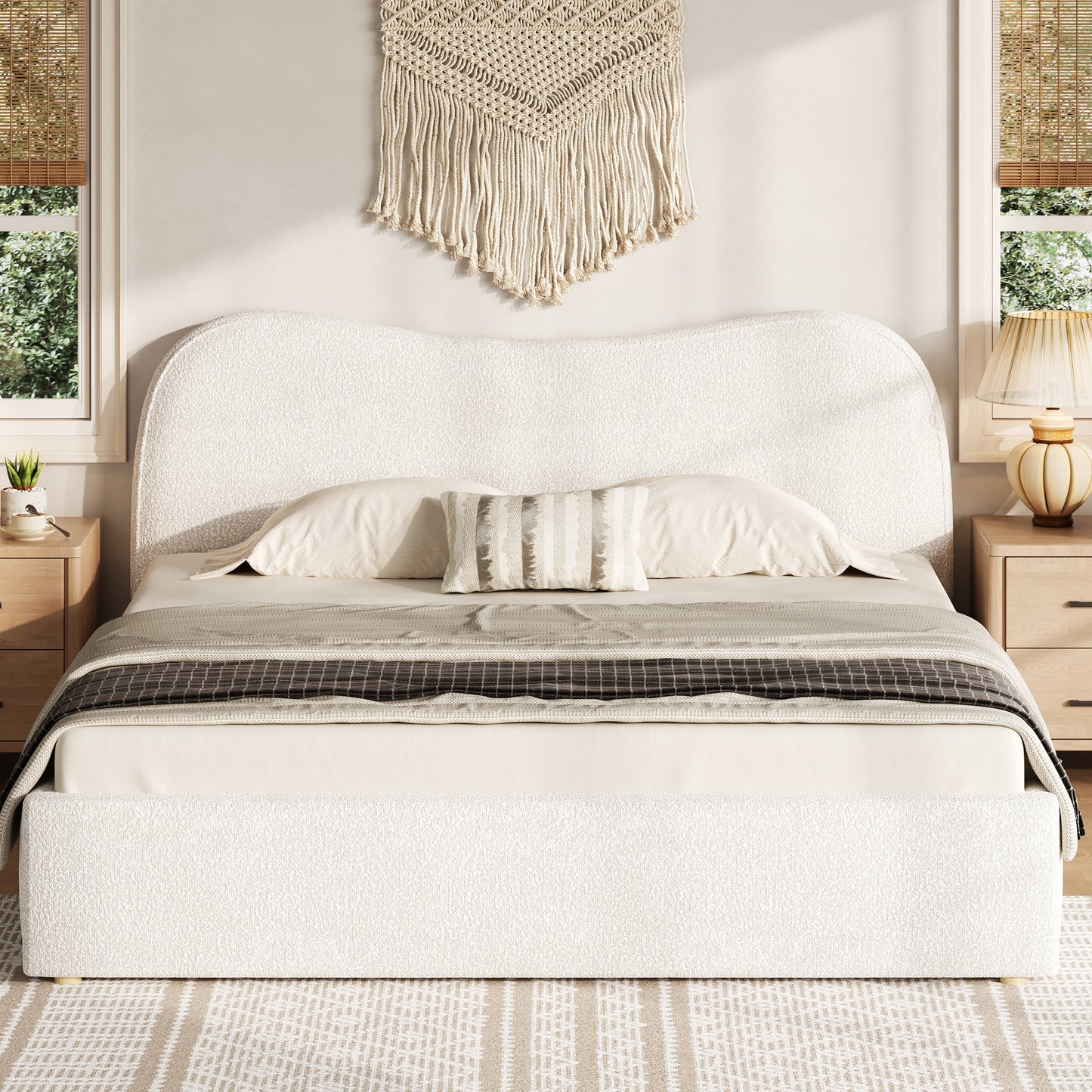 Queen Size Upholstered Platform Bed with Wooden Slats