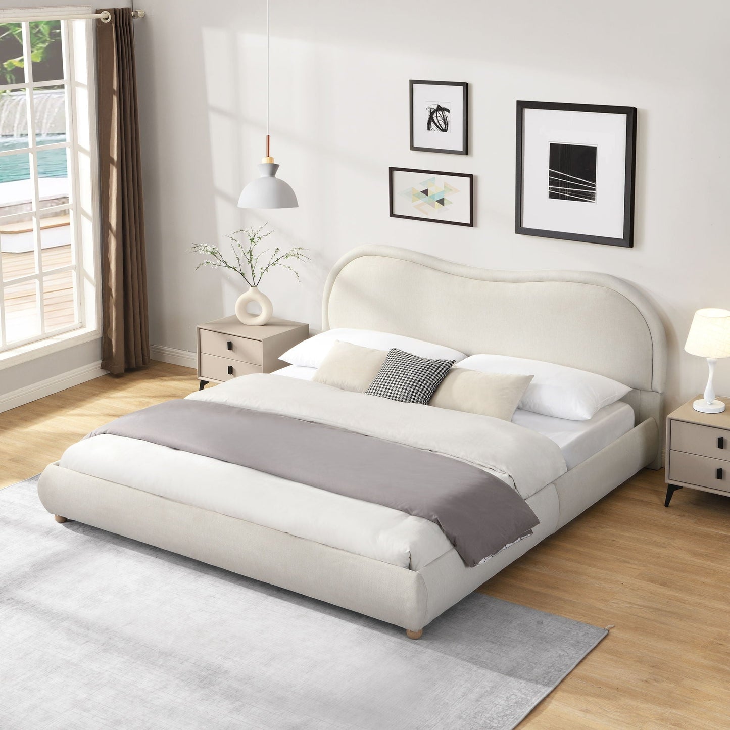 Upholstered Platform Bed Frame With Curved Headboard