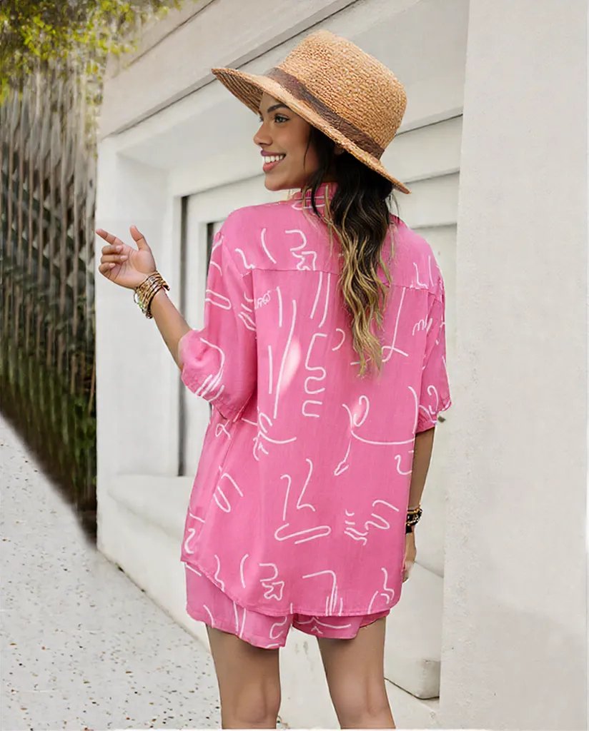 2Pcs Women's Casual Printed Summer Suit - Short-Sleeved Shirt & Drawstring Shorts Set
