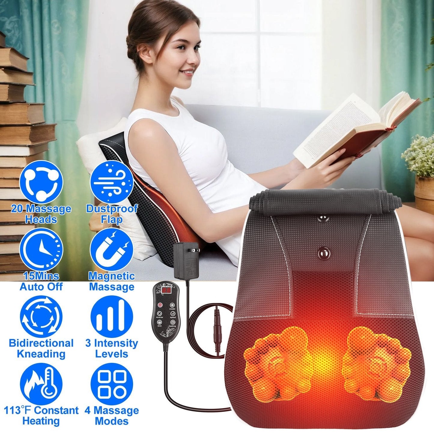Back Massager with Heat 3D Kneading Massage Pillow Shiatsu Full Body Massager for Back Neck Waist Arm Abdomen Calf