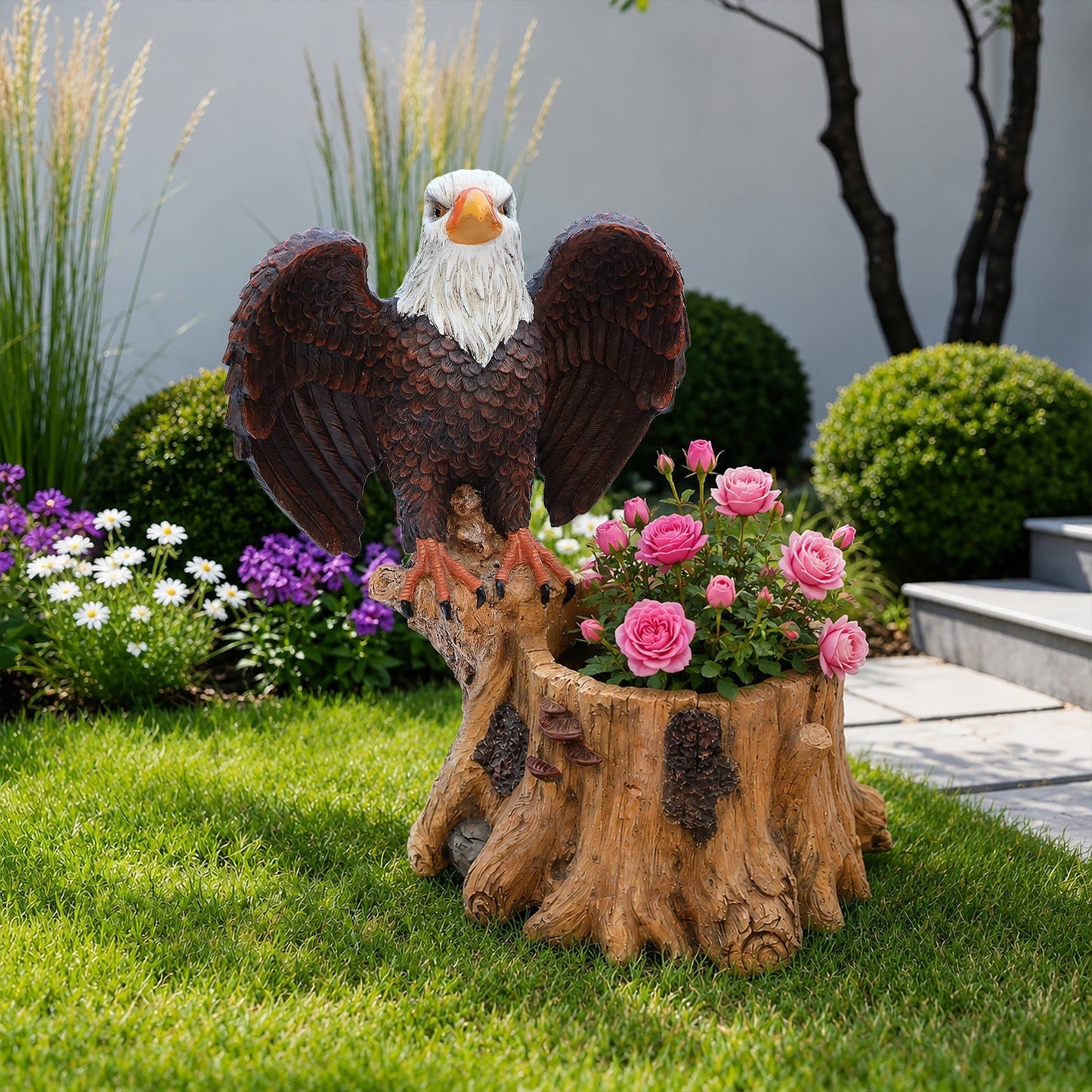 Majestic Eagle Garden Planter Pot on Tree Stump Base