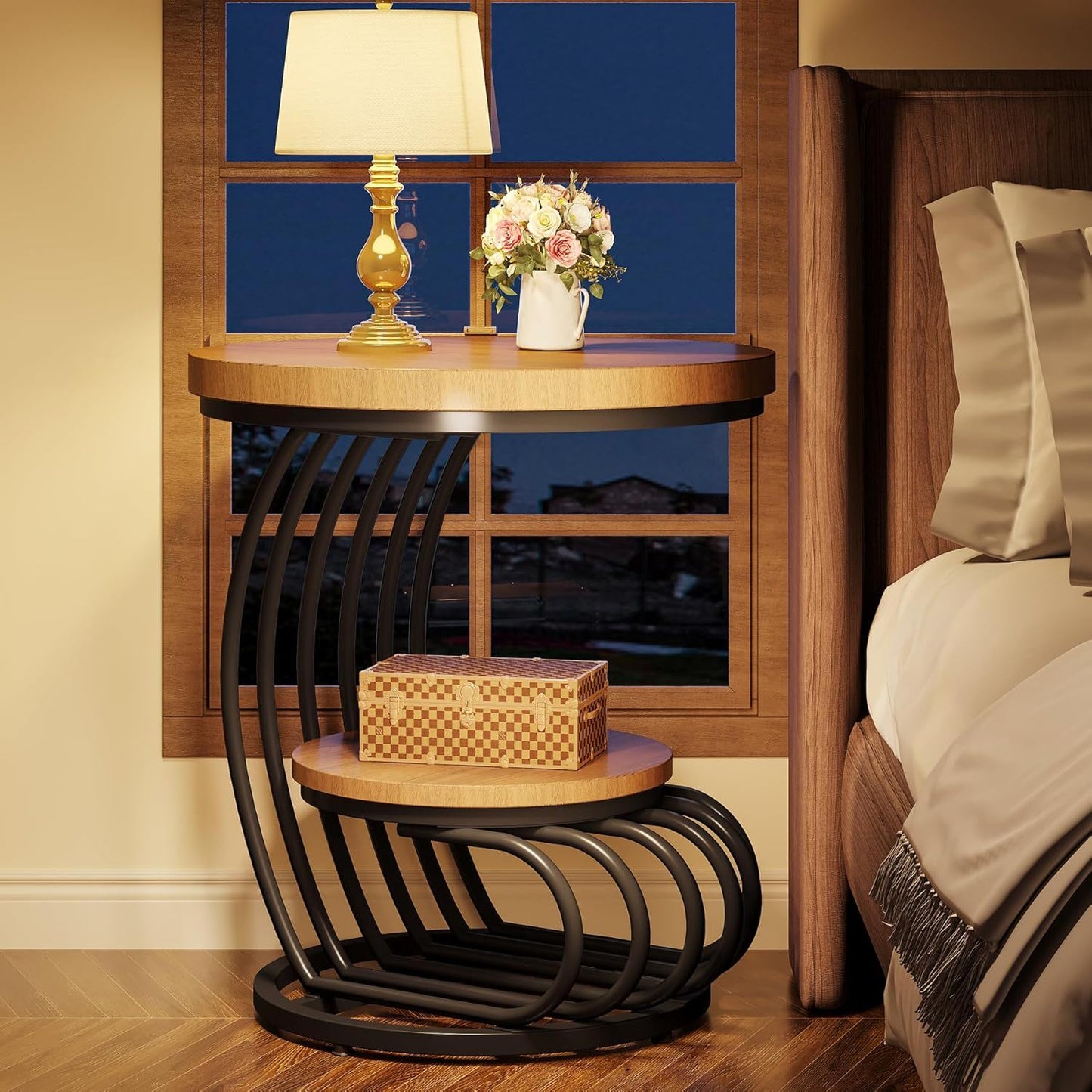 Round Vintage End Table With 2 Tier Storage