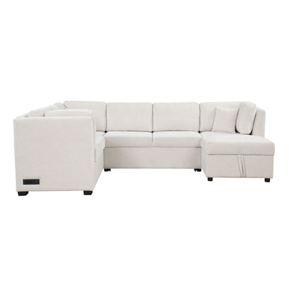 U-Shaped Sectional Sofa Pull Out Sofa Bed With Two USB Ports, Two Power Sockets, Three Back Pillows And A Storage Chaise For Living Room