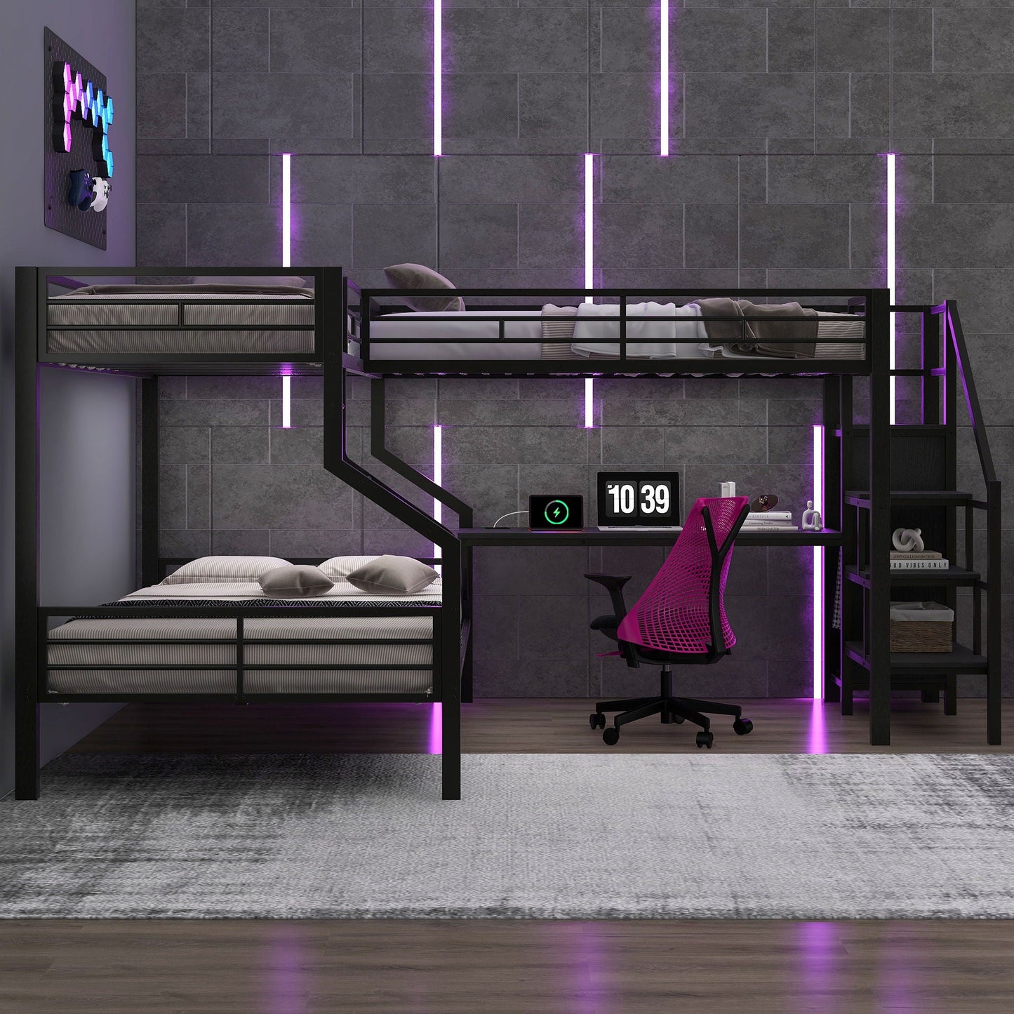 Twin Over Full L Shaped Bunk & Loft Bed With Built-In Wardrobe, Desk, And USB Ports - Black