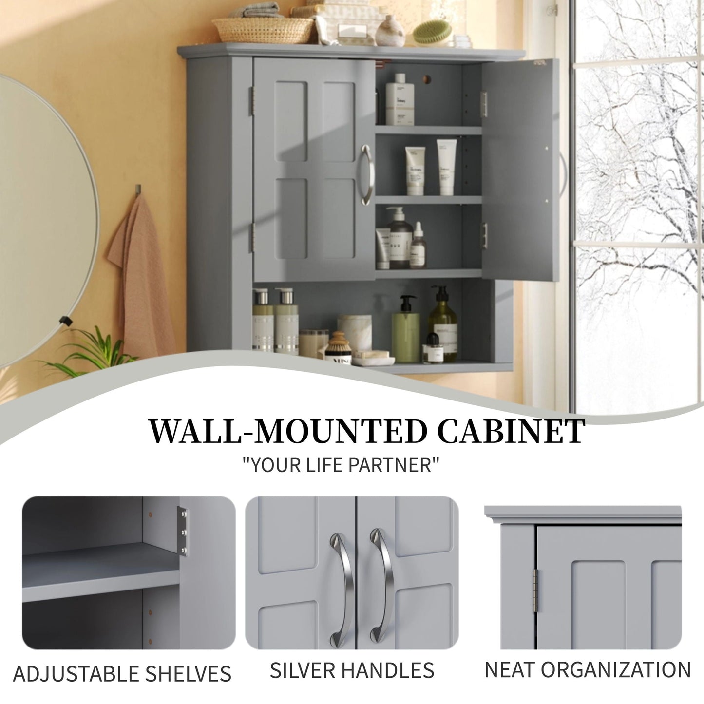 Multi Functional Wall Mounted Cabinet With Adjustable Shelves For Bathroom