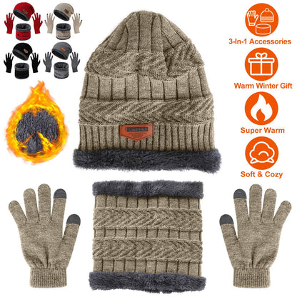 Winter Knitted Hat Scarf Gloves 3Pcs Winter Warm Beanie and Touch Screen Gloves Scarf Set Knit Beanie Skull Cap Neck Warmer Mittens for Men Women