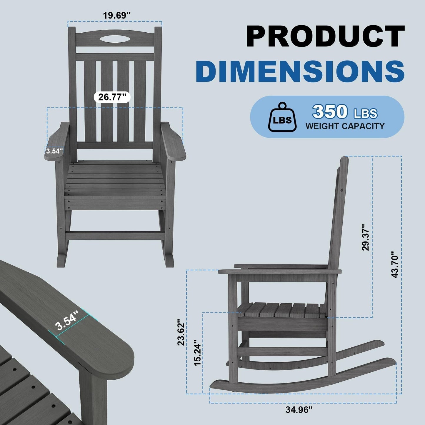 Outdoor Rocking Chair Set of 2, HDPE Patio Rocking Chair for Adults, Oversized Outdoor Rocker for Porch Garden Lawn,Grey