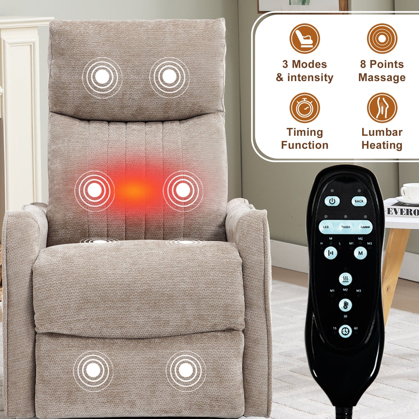 Khaki Heat Massage Manual Recliner Chair with Rocker and Swivel in Fabric for Living Room