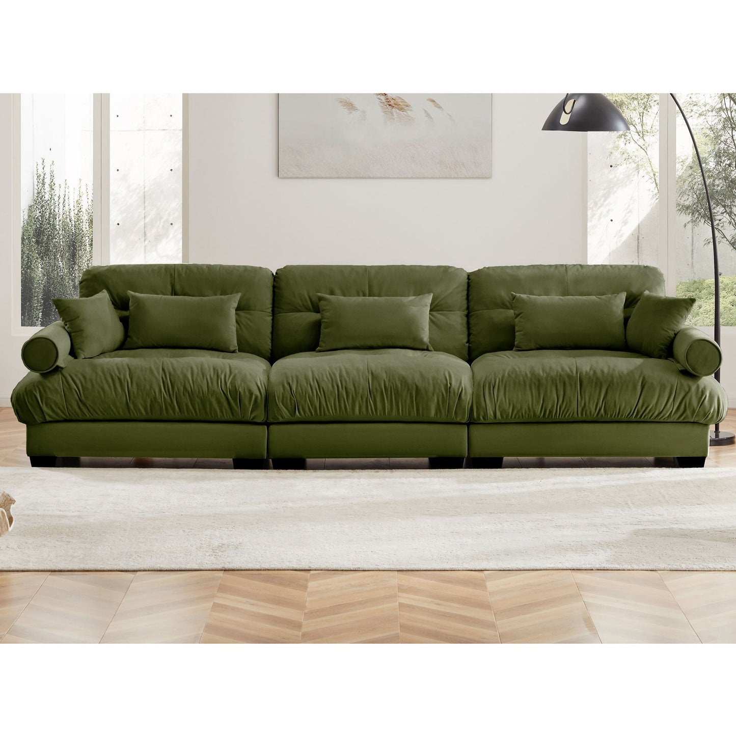 Modern Sofa With Bolstered Armrests And Pillows