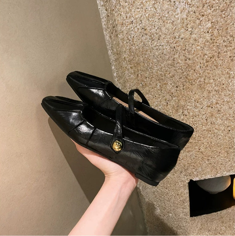 2026 Summer New Women French Style Mary Janes, Inner Heightening Wrinkle Square Toe Shallow Shoes With Single Strap Buckle Fashion Flats