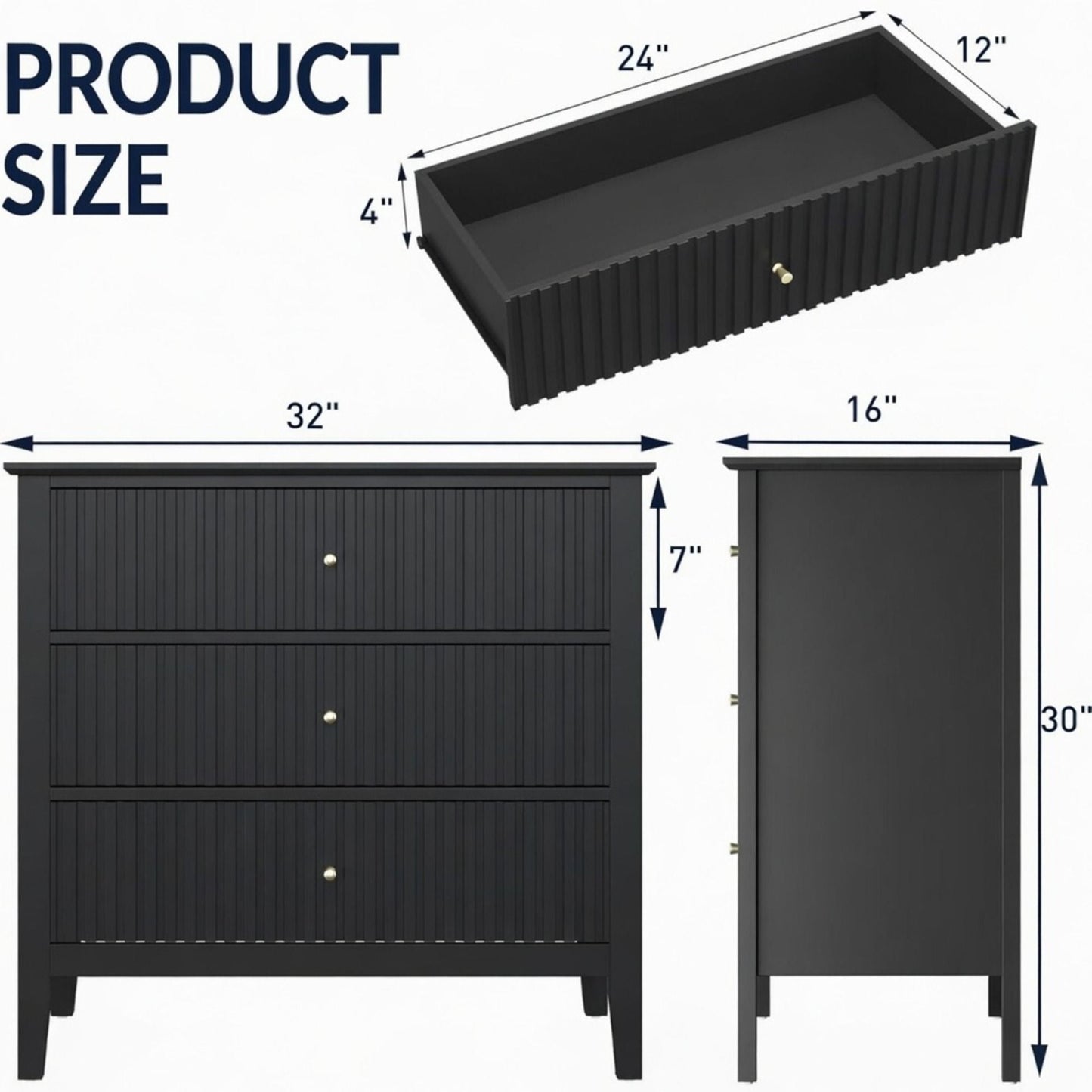 Fluted 3 Drawer Nightstand With Soft Close Slides