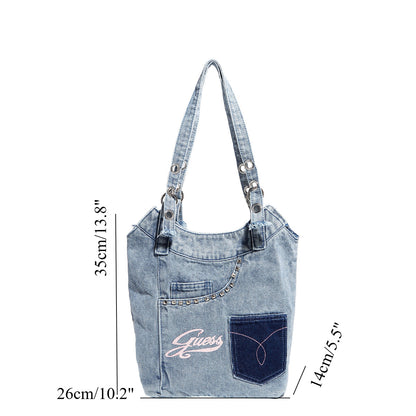 Washed denim shoulder bag, Spice girl sweet cool retro hobo bag, fashionable splicing shoulder bag, versatile hobo women's bag