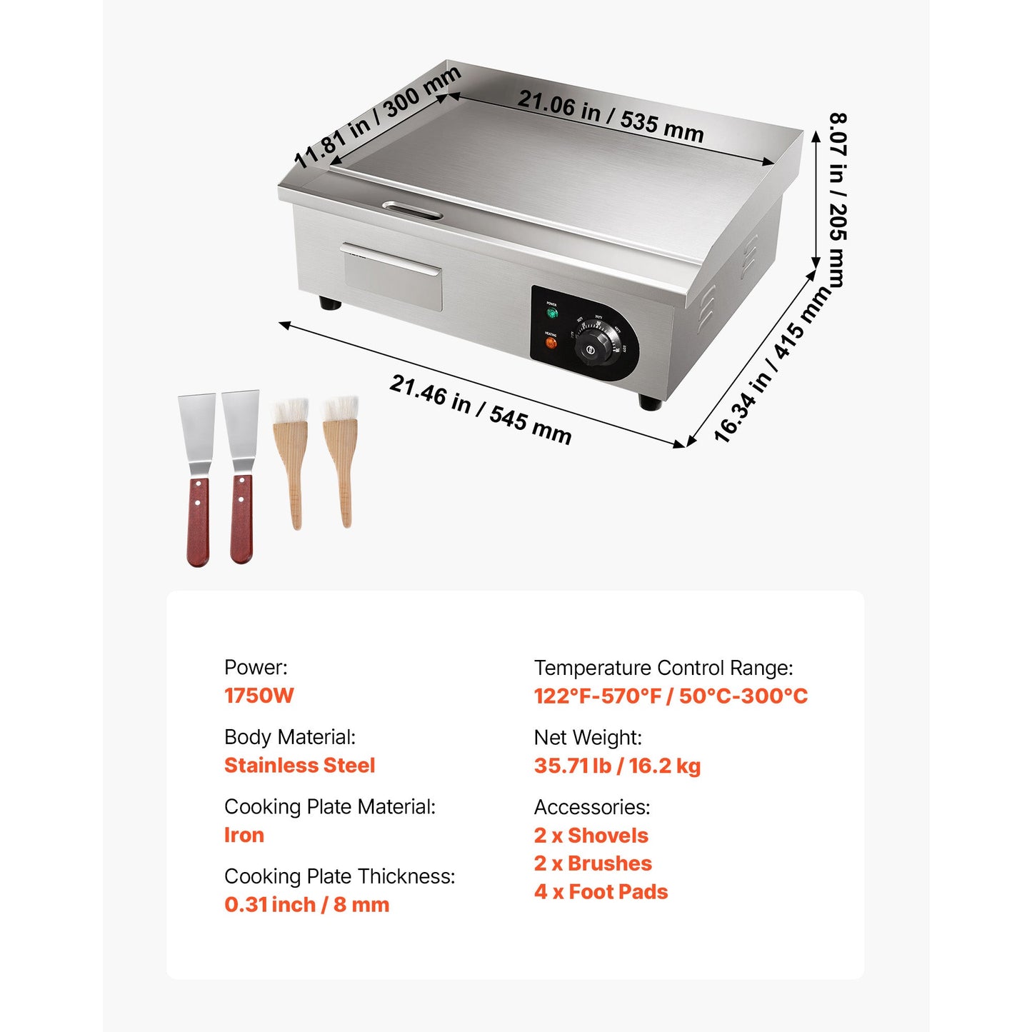 Commercial Electric Griddle, 21 x 11.8 Inch, 1750W