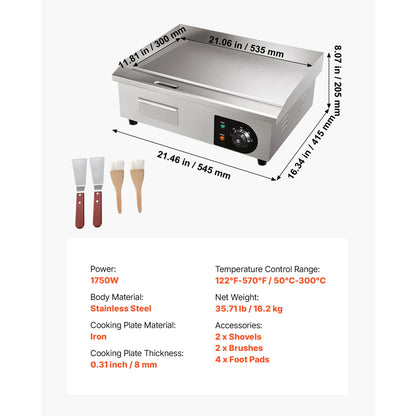 Commercial Electric Griddle, 21 x 11.8 Inch, 1750W