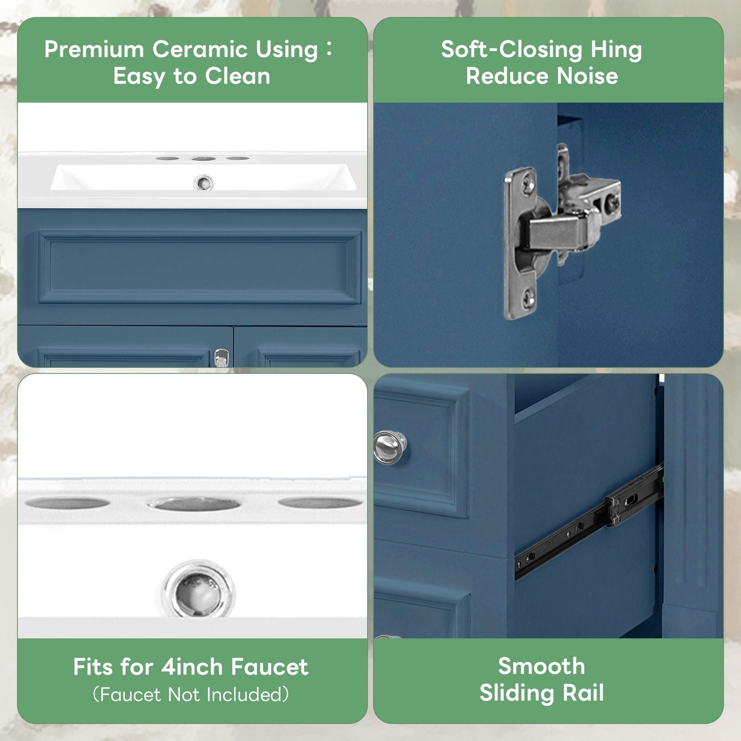 Bathroom Vanity With Ceramic Sink, Compact Cabinet With 2 Drawers And Adjustable Shelf - Blue
