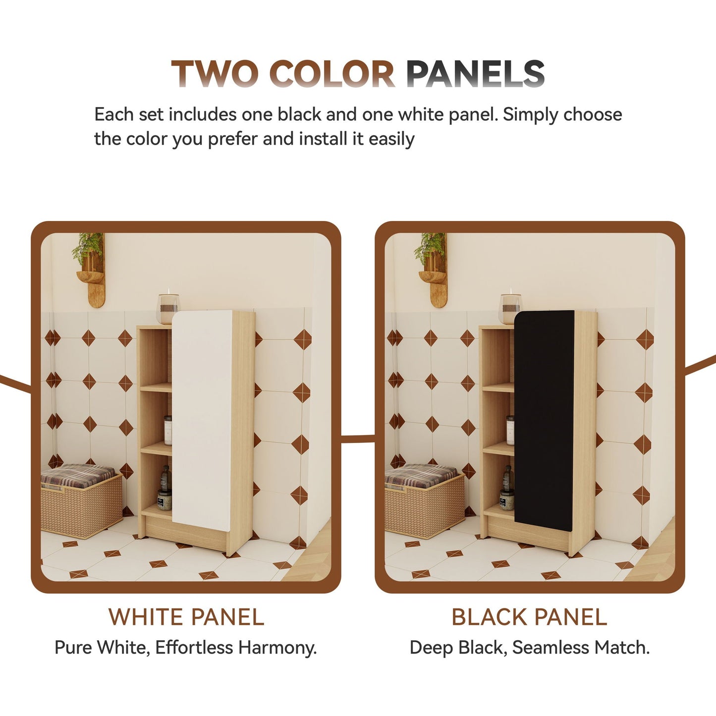 Freestanding Bathroom Side Cabinet, Narrow Storage Cabinet With Single Door & 3 Tier Open Shelves - Black / Light Oak / White
