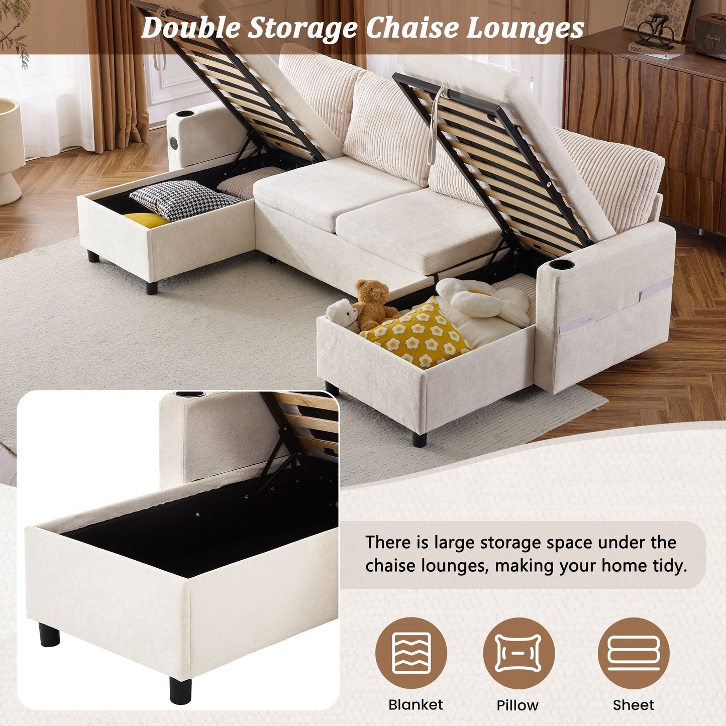 Sectional Sofa Bed With Pull Out Sleeper, USB Ports, Cup Holders