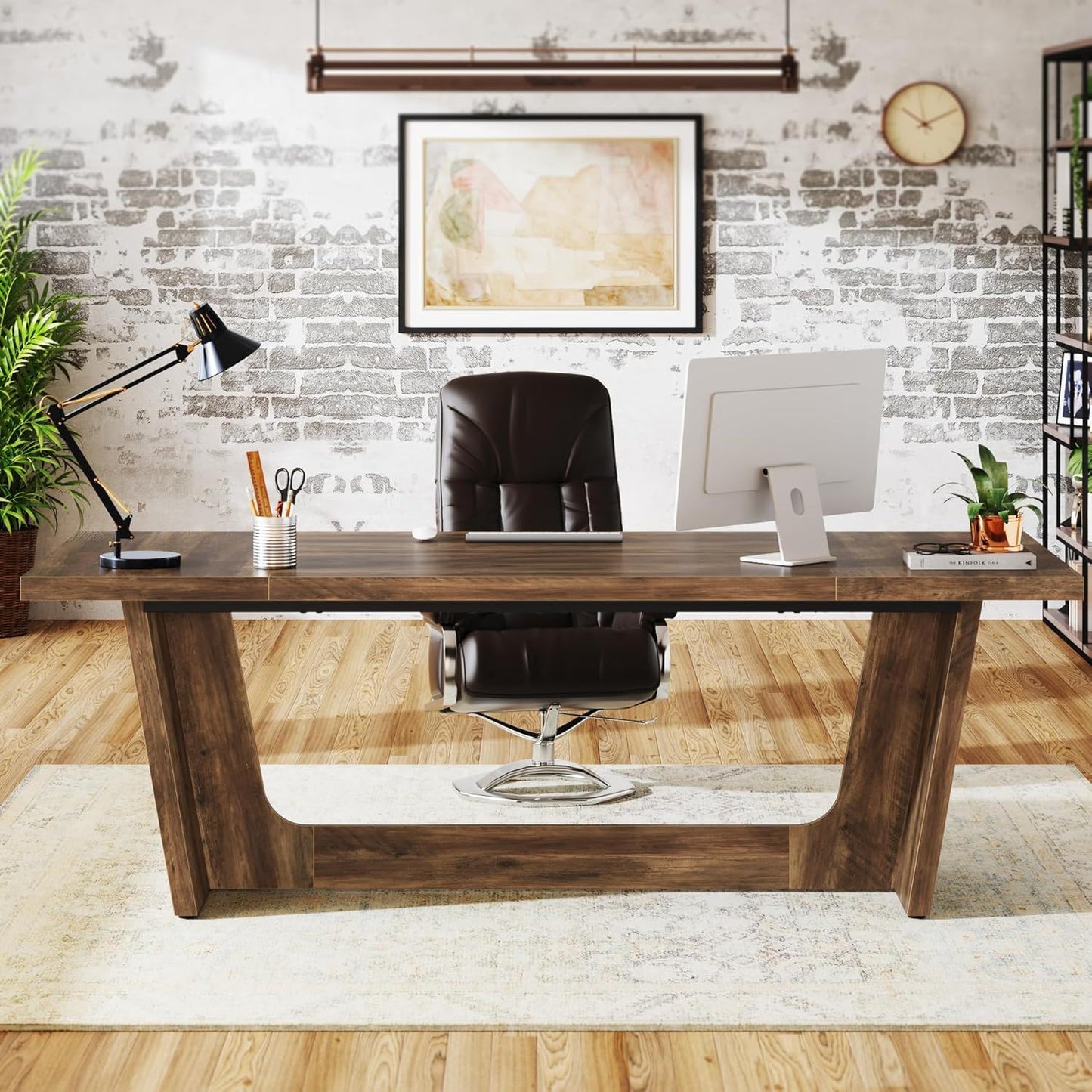 Executive Desk For Home Office, Computer Table With Pedestal, Large Writing Workstation - Brown