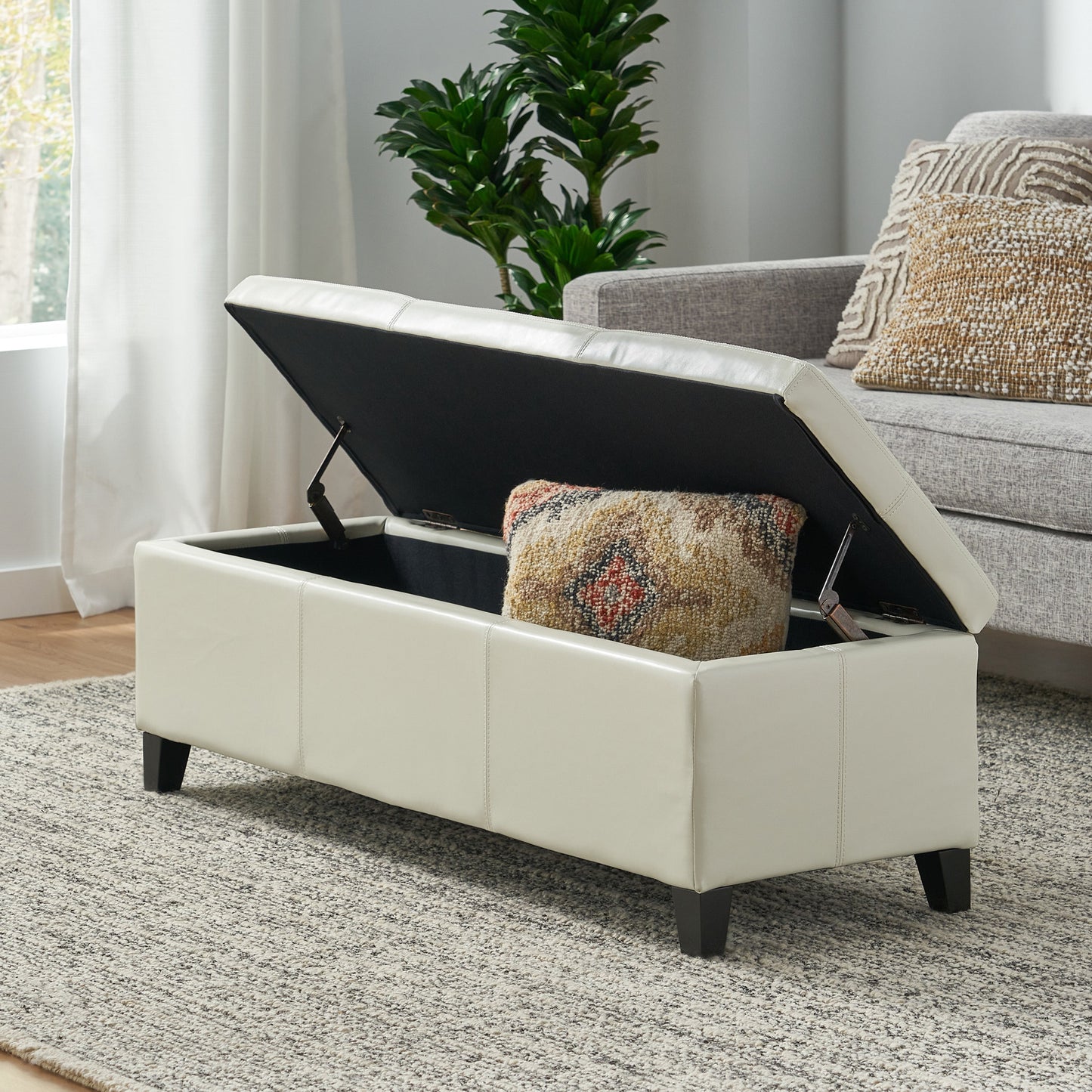 Upholstered PU Leather Storage Ottoman with Solid Wooden Legs