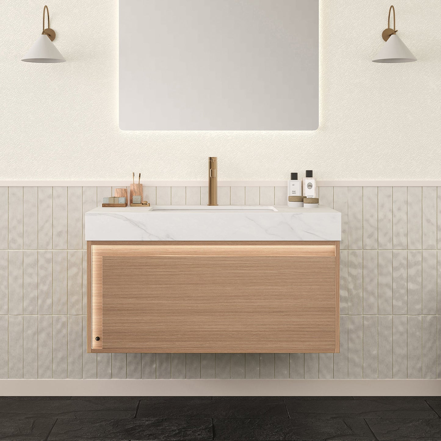 Nyah 36'' Bathroom Vanity & Sink, Floating Ultra-Slim Grille Plywood Cabinet, Drawer with Sensor Light, Carrara