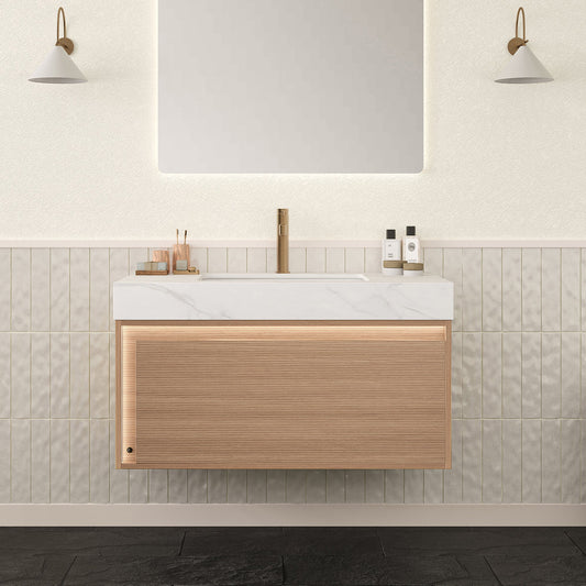 Nyah 36'' Bathroom Vanity & Sink, Floating Ultra-Slim Grille Plywood Cabinet, Drawer with Sensor Light, Carrara