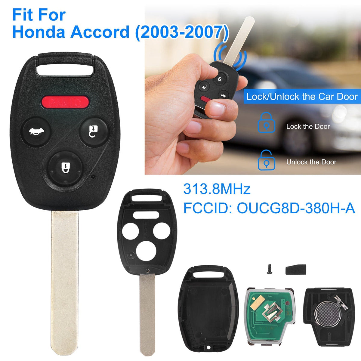 Fit For Honda Accord 2003-2007 Remote Keyless Entry Shell Button Car Key Fob Uncut Key Cover Case OUCG8D-380H-A FCCID 313.8MHz Frequency