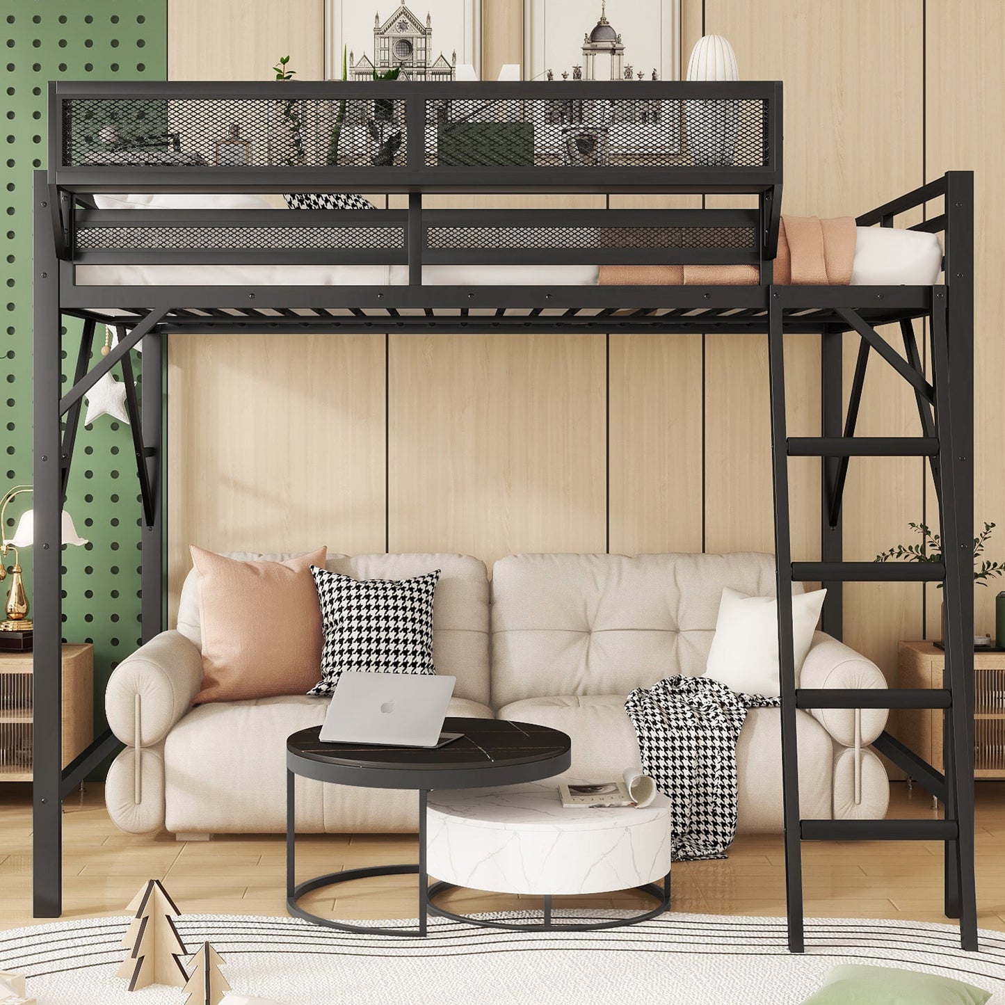 Full Size Loft Bed with Ladder and Storage Shelves