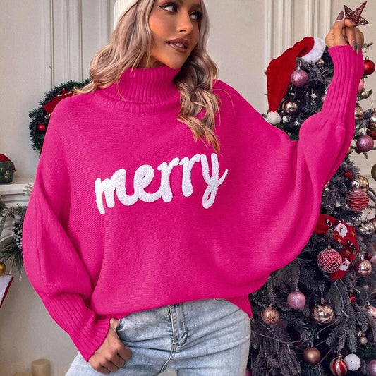 European And American Cross-border Christmas Turtleneck Women's Clothing Amazon Autumn And Winter Loose Bat Sleeve Outerwear Knitted Top Women