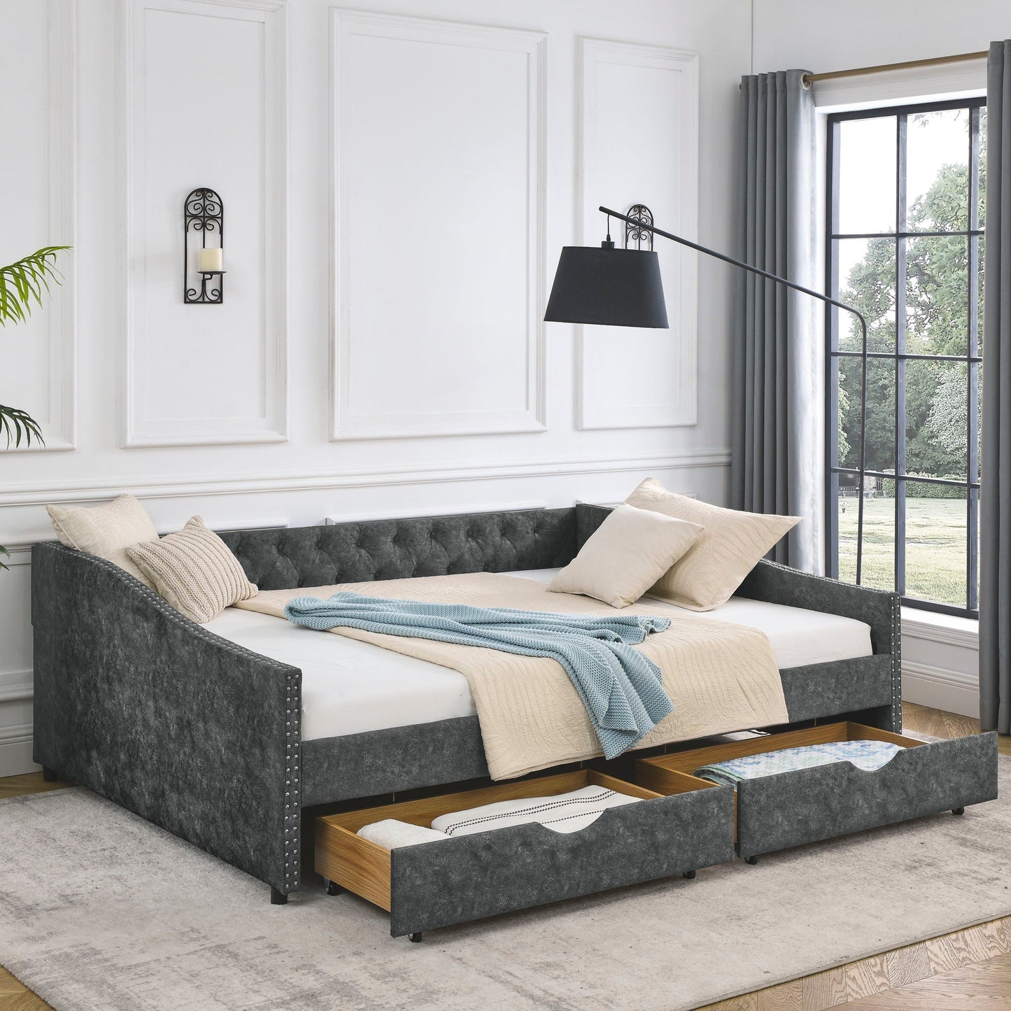 Upholstered Tufted Daybed With 2 Drawers, Waved Arms