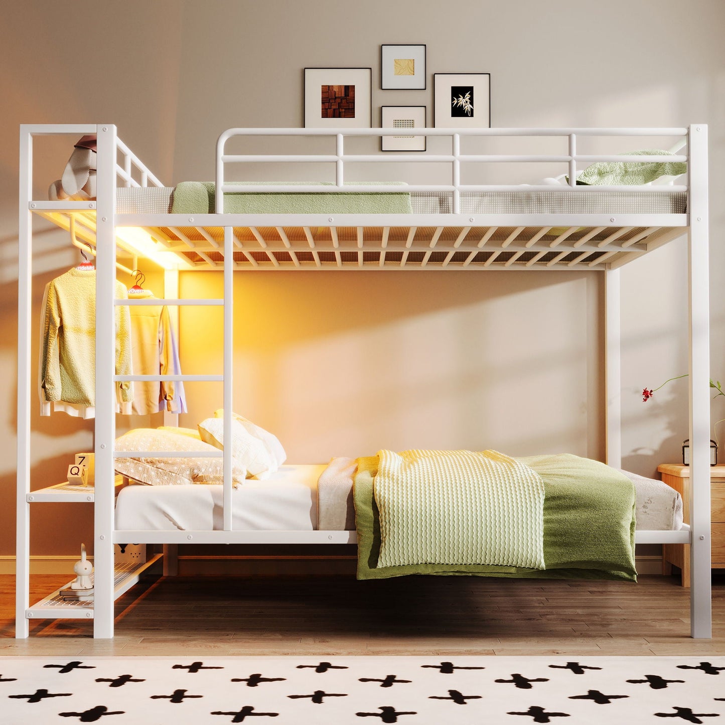 Bunk Bed With Storage Shelves, Clothes Hooks, LED Light