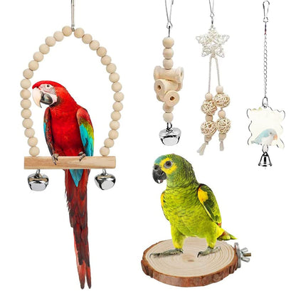 9-Piece Parakeet Toys & Budgie Toys, Bird Cage Accessories Set Natural Wood Bird Toys Include Coconut Hideaway, Swing, Ladder, Perch, Mirror And Hanging Toys For Budgies & Cockatiels