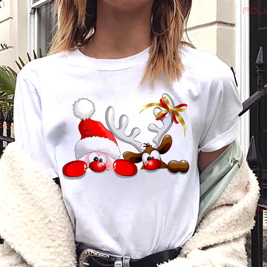 European And American Women's Clothing Merry Christmas Happy Short-sleeved T-shirt Women's Top Women's Round Neck