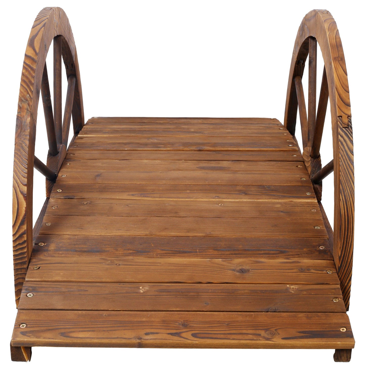 Wooden Garden Bridge Arc Footbridge With Half Wheel Railings Solid Fi - Brown