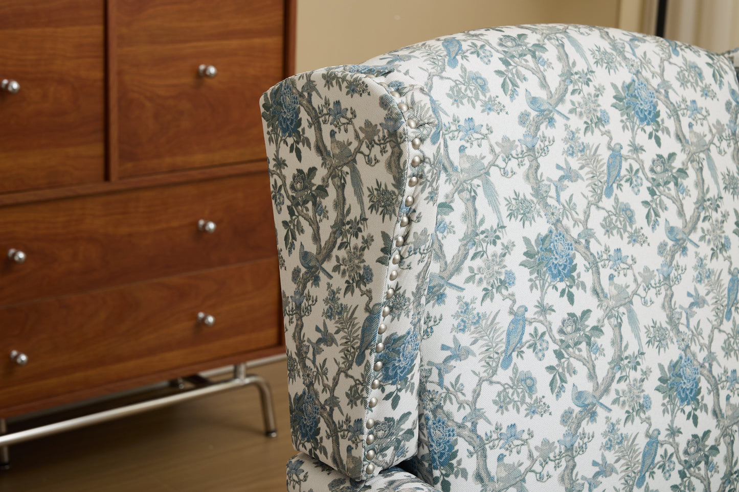 Modern Accent Chair with Retro Wood Legs and Floral Design