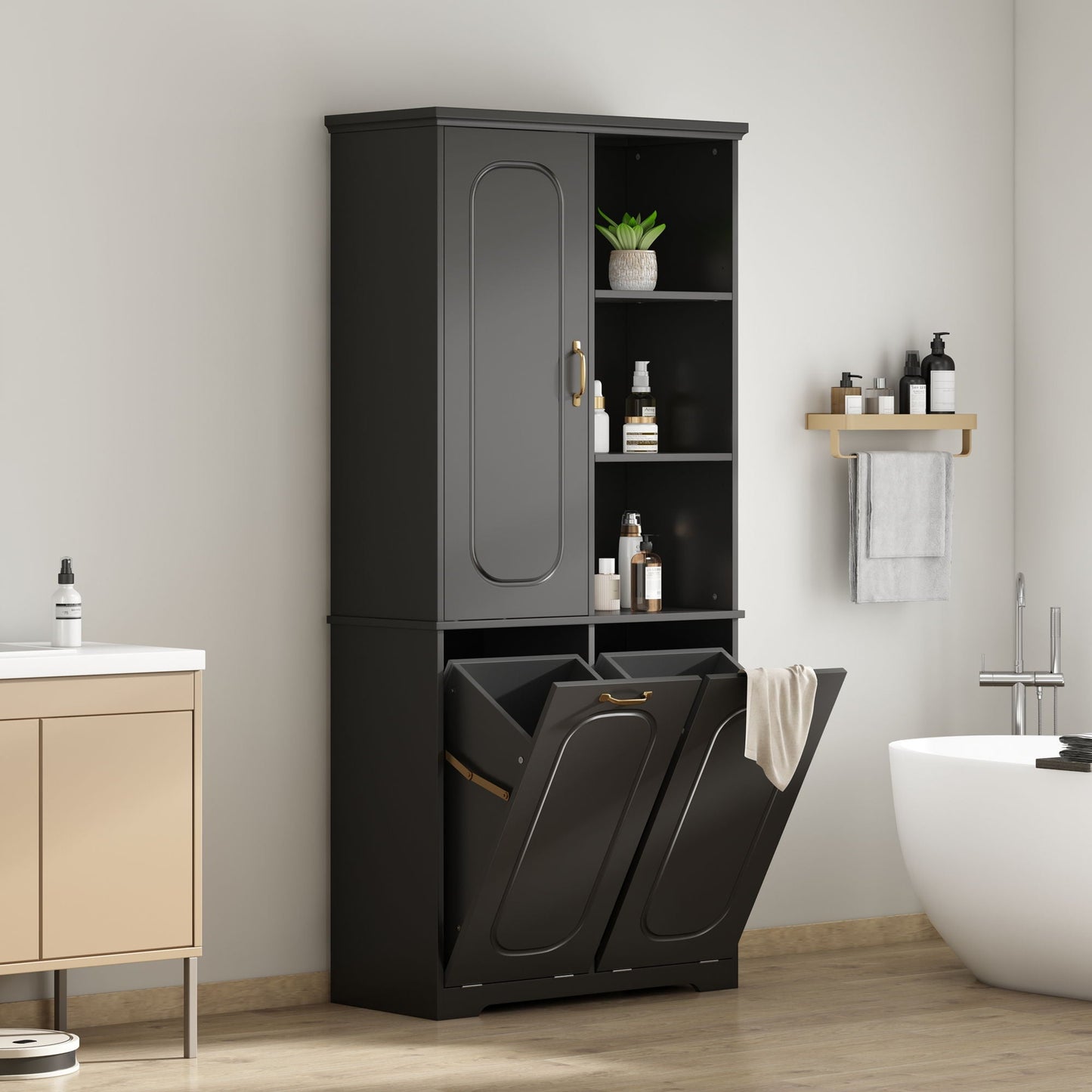 Freestanding Tall Storage Cabinet With 2 Tilt-Out Hampers