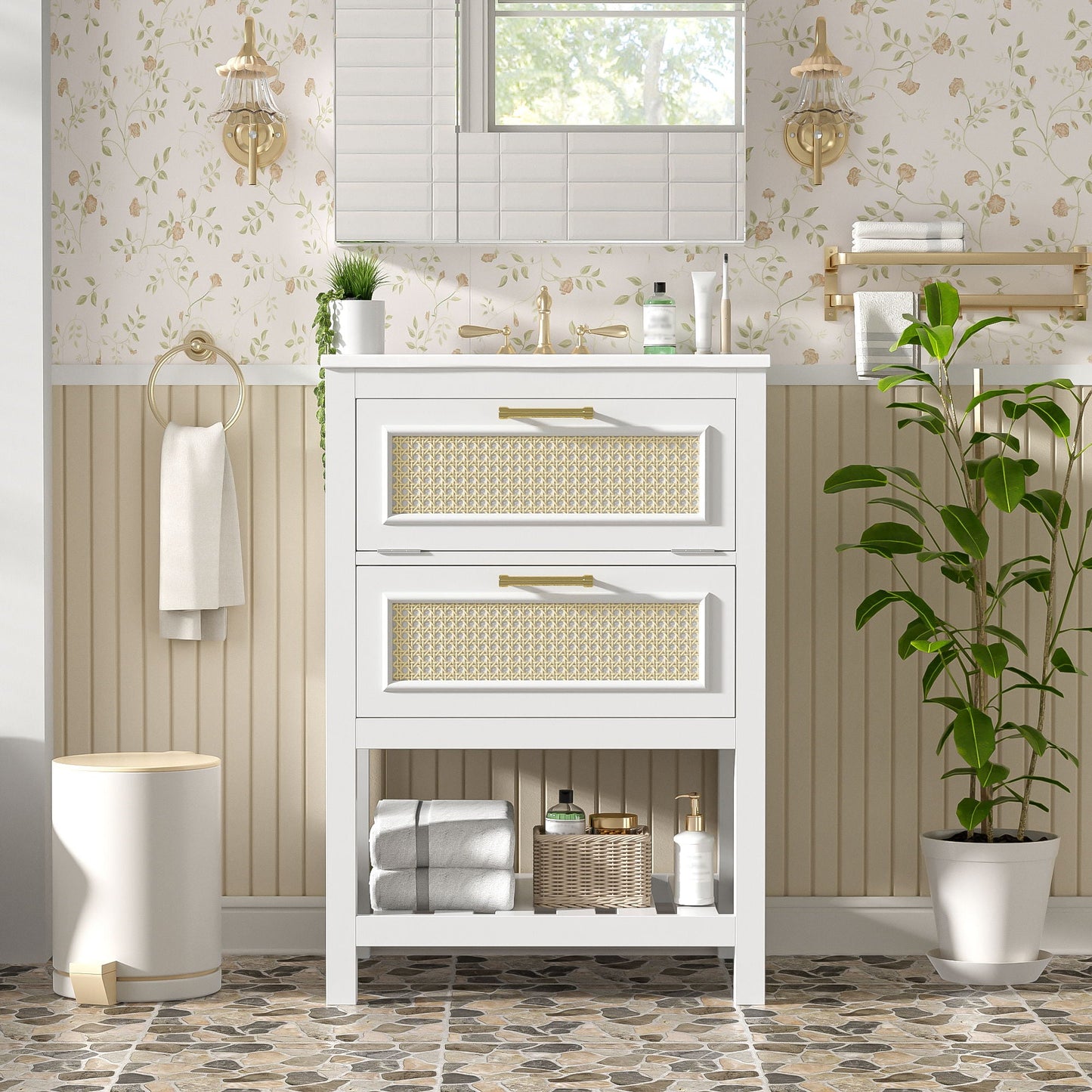 Modern Bathroom Vanity With Integrated Sink, Cabinet With 1 Deep Drawer And 1 Tip-Out Drawer