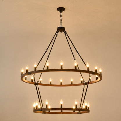 Large Solid Wood Wagon Wheel Chandelier, 2-Tier 32-Lights