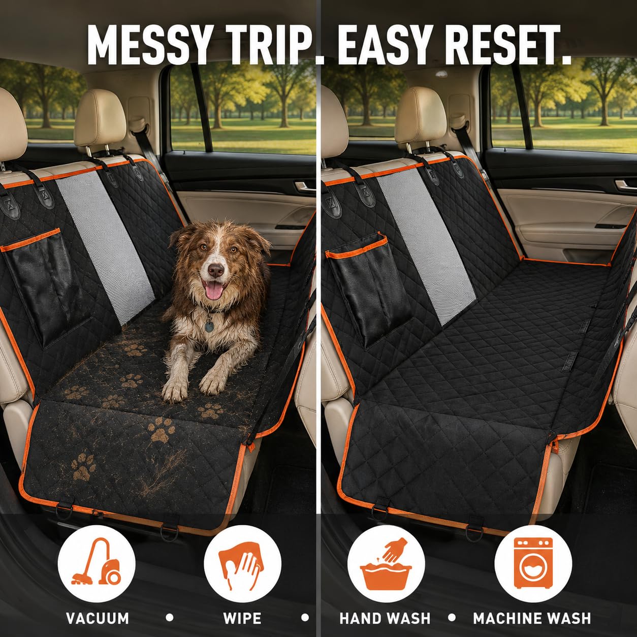 Dog Car Seat Cover For Back Seat,  Waterproof Hammock For Cars And SUVs Scratch-Resistant, Non-Slip Design With Mesh Window, Side Flaps And Storage Pocket, Black