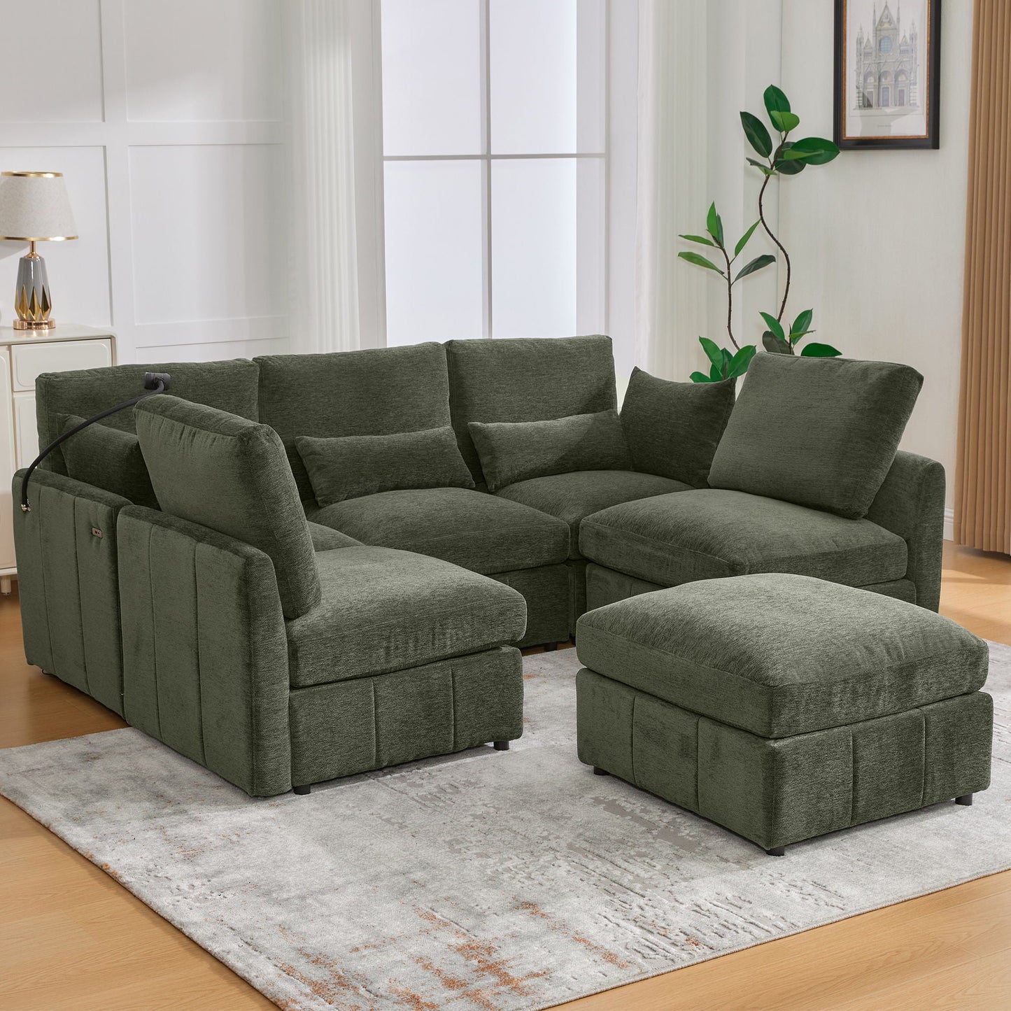 Modern Modular U-Shaped Sofa Bed With Movable Ottoman, USB Ports, Phone Holder