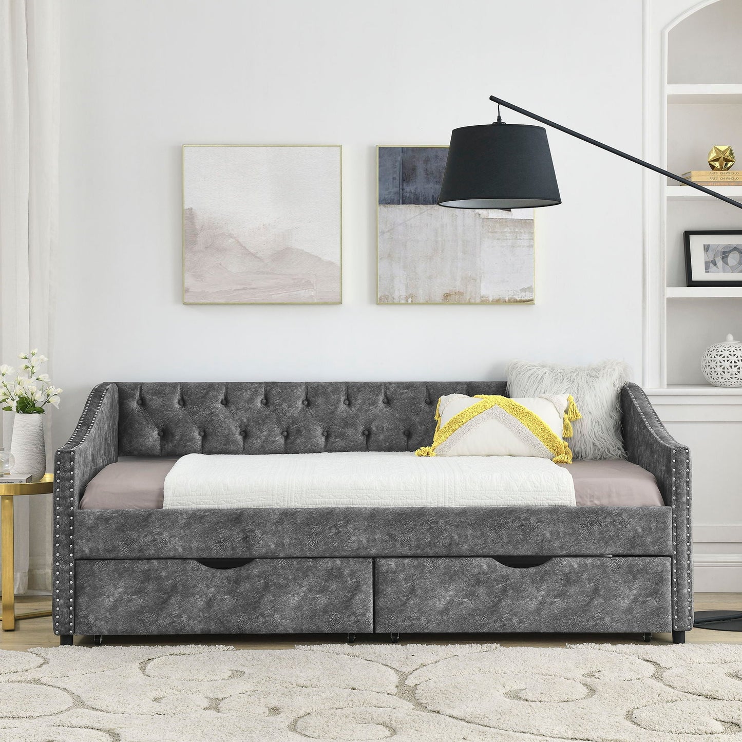 Upholstered Tufted Daybed With 2 Drawers, Waved Arms