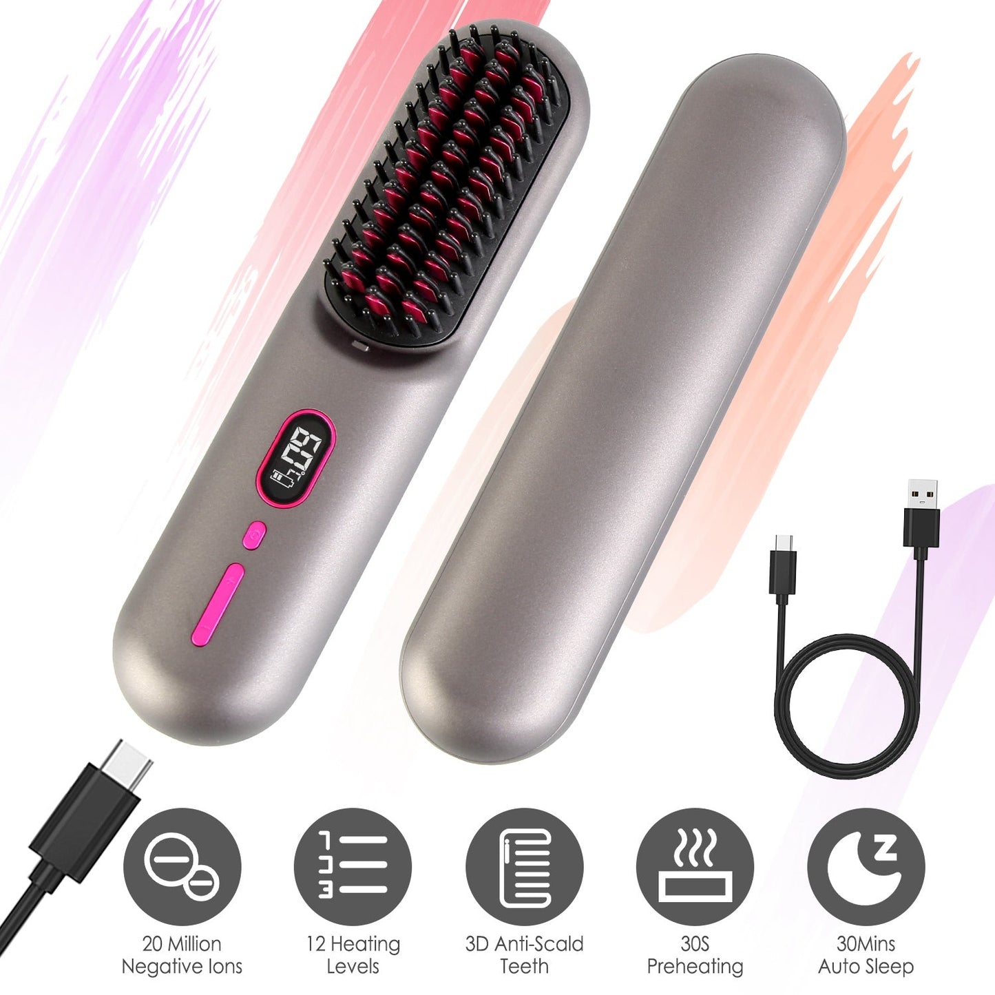 Cordless Negative Ion Hair Straightener Brush Rechargeable Mini Styling Comb with 12 Heating Levels Anti-scald 30S Preheating 30Mins Auto Sleep LCD Di