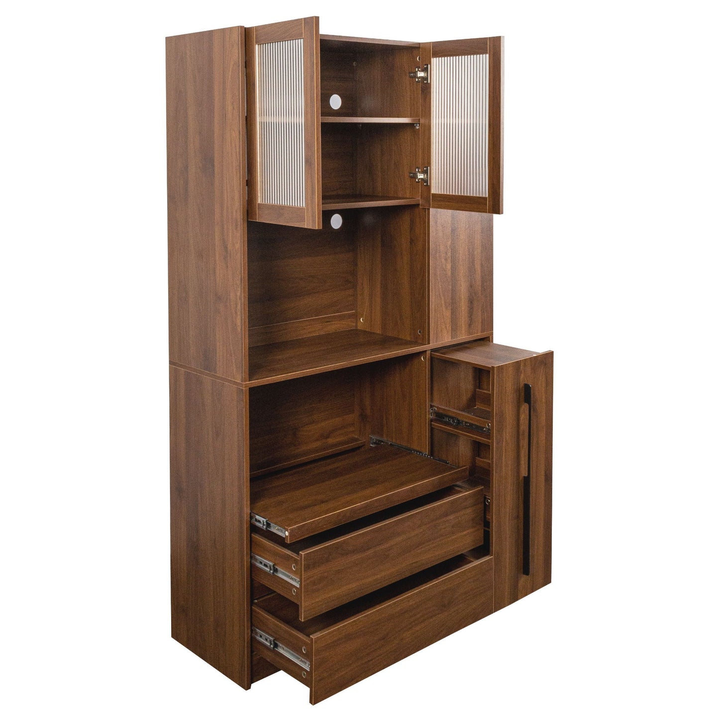 Tall Kitchen Pantry Cabinet With 4 Tier Side Shelf, 2 Drawers, Freestanding Food Hutch With Microwave Stand For Dining Room - Walnut
