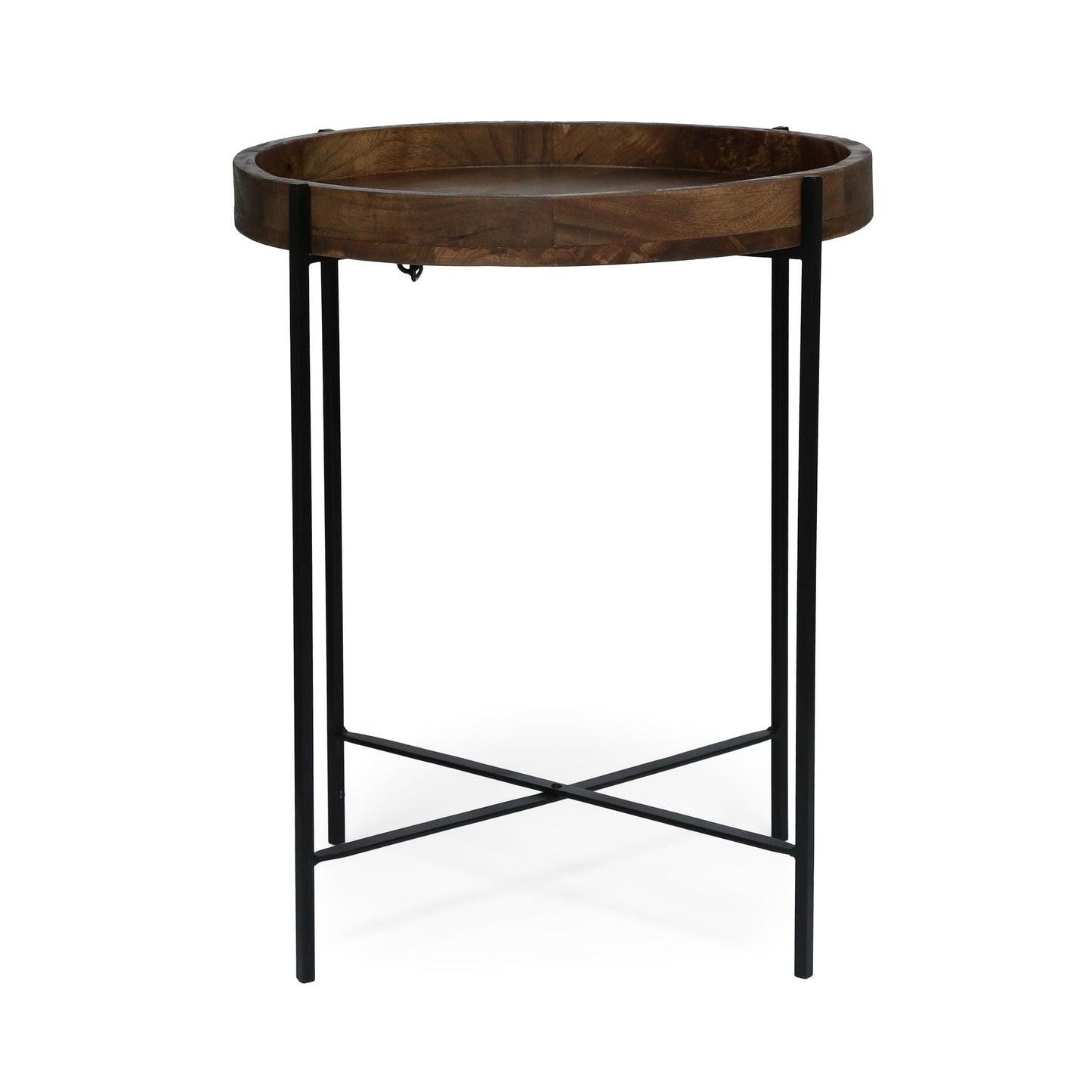 Modern Industrial Round End Table with Tray Top and Foldable Iron Legs - Natural