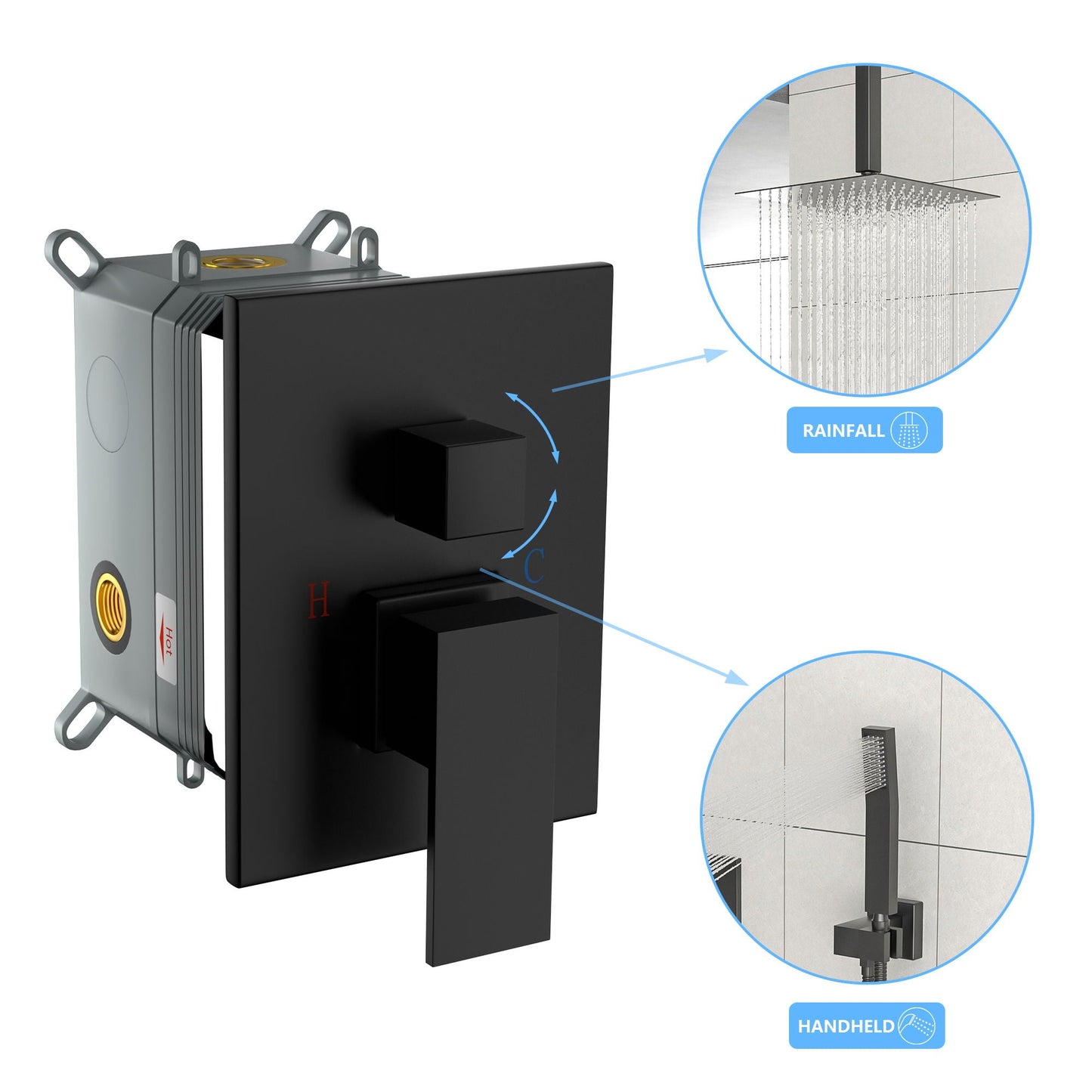 Dual Shower Head 10" Ceiling Mount Square Shower System With Rough In Valve - Matte Black