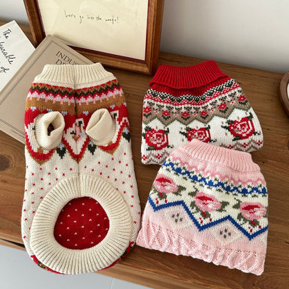 Retro Pet Sweater With New Year Roses Pattern