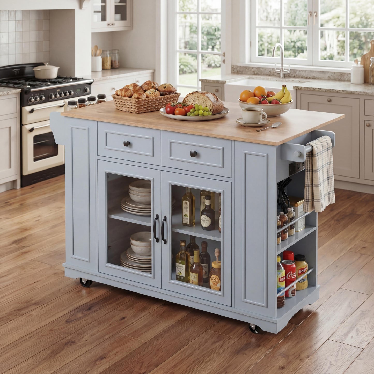 54" Mobile Kitchen Island with Glass Door Storage, Power Outlet & Rolling Cart