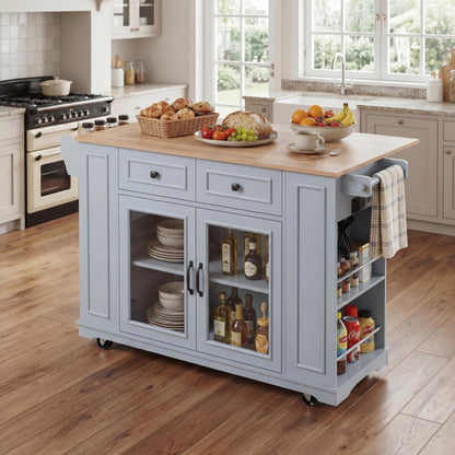 54" Mobile Kitchen Island with Glass Door Storage, Power Outlet & Rolling Cart