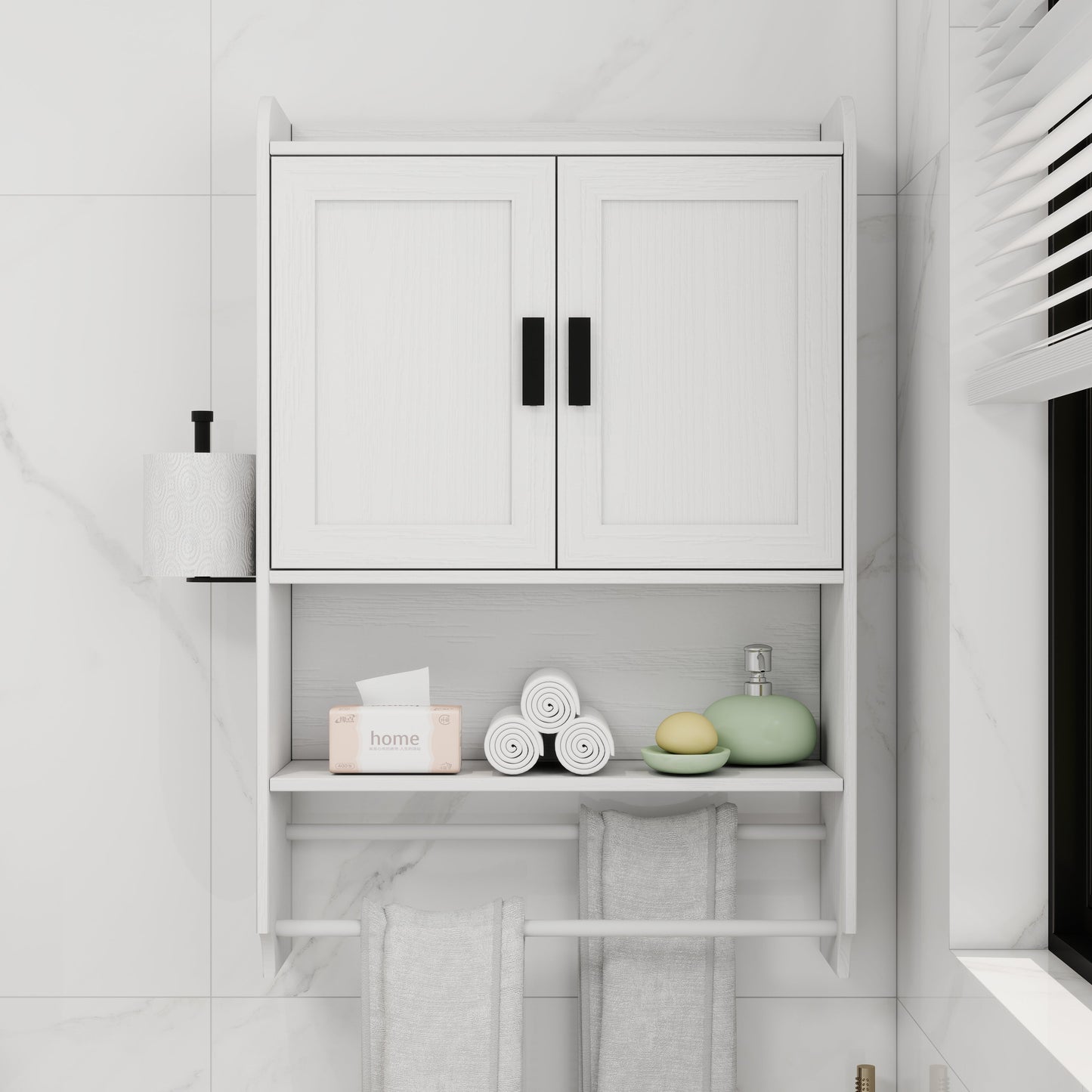 Bathroom Wall Cabinet with Doors, Adjustable Shelf, Towel Bar, and Paper Holder